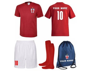 Personalised Kids England Style Away Youth Football Kit Shirt Shorts Socks & Bag