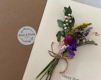 Happy Birthday card, with detachable dried flower posey