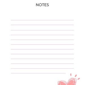 Peut inclure: Une page de carnet blanche avec le mot « NOTES » en haut. Des lignes horizontales roses remplissent la page. Un cœur rose dessiné à la main avec des lignes rayonnantes se trouve en bas à droite.