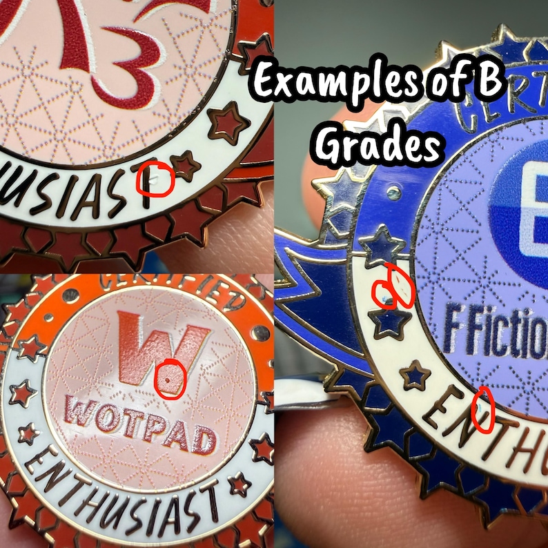 Op de afbeelding: Close-up van drie kleurrijke emaille pins. De pins bevatten tekst zoals "Enthusiast" en "WOTPAD". De pins zijn cirkelvormig met ster- en lintontwerpen. De tekst "Examples of B Grades" is ook zichtbaar.
