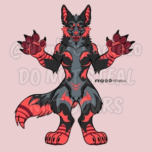 May include: A digital illustration of an anthropomorphic wolf creature with black and dark gray fur, accented by vibrant red markings on its limbs, chest, and tail. The creature has large ears, sharp teeth, and raised paws with red pads.
