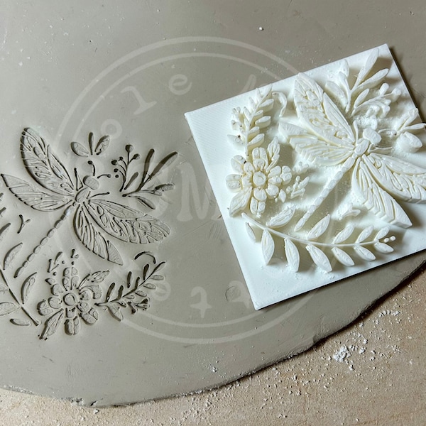 3D printed Dragonfly Floral Stamp, 3D printed stamp, Floral dragonfly, pottery stamp, cookie stamp, baking stamp, soap stamp, Dragon fly