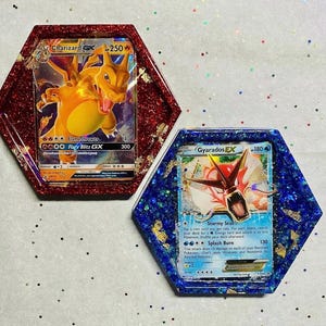 Epoxy Trading Card Coaster - Blind Bag - Card Coasters - Trinket Tray - Resin Coaster - Customizable Hexagon Coasters - Catch Em All