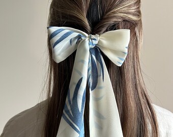 White & Blue Palm Leaf Silk Hair Scarf - Thin Chiffon Hair Ribbon