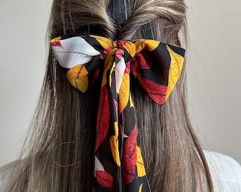 Autumn Red Orange Leaf Print Silk Scarf - Skinny Hair Tie, Thin Chiffon Hair Ribbon