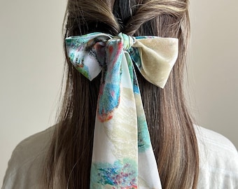 Pastel Cream & Blue Abstract Skinny Scarf | Handmade in Canada Silk Hair Ribbon