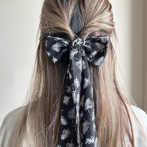 Black & White Feather Silk Hair Scarf - long thin skinny scarf, hair accessory, ponytail hair scarf, neckerchief, braid scarf, hair bow