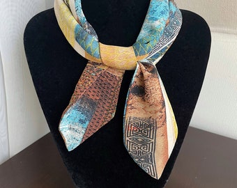 Blue & Brown Abstract Print Scarf - thin silk scarf, skinny scarf, hair accessory, ponytail hair scarf, chiffon handbag scarf, gift for her