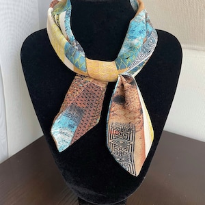 Blue & Brown Abstract Print Scarf - thin silk scarf, skinny scarf, hair accessory, ponytail hair scarf, chiffon handbag scarf, gift for her