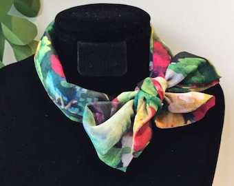 Handmade Green Yellow Pink Floral Silk Skinny Scarf - Chiffon Bag Scarf