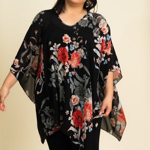 Classic Black Floral Scarf Poncho - multiway wrap, multi-way scarf, chiffon summer wrap, bathing suit cover up, resort wear, beach wear