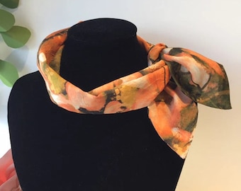Orange Watercolour Silk Skinny Scarf – Handmade Chiffon Bag Scarf