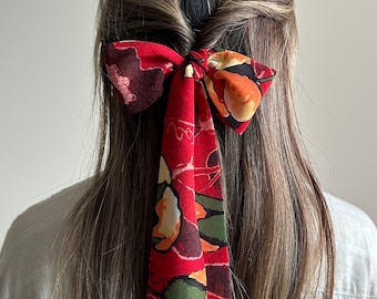 Burgundy Floral Skinny Hair Scarf – Chiffon Ribbon Wrap 