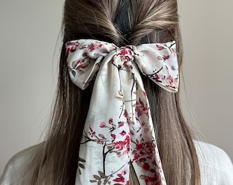 Sakura Print Silk Hair Scarf - Skinny Chiffon Hair Ribbon