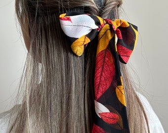 Autumn Red Orange Leaf Print Silk Scarf - Skinny Hair Tie, Thin Chiffon Hair Ribbon