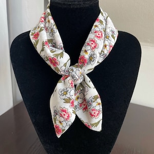 Floral Print Silk Scarf - long thin scarf, garden print skinny scarf, hair accessory, ponytail hair scarf, neckerchief, handbag scarf, gift