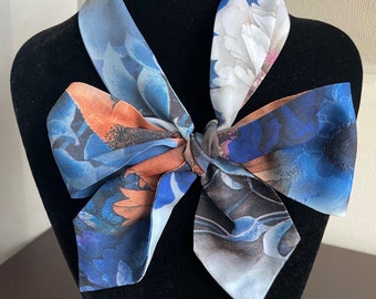 Blue Floral Scarf - thin silk scarf, blue skinny scarf, hair accessory, floral ponytail hair scarf, chiffon handbag scarf, gift for her