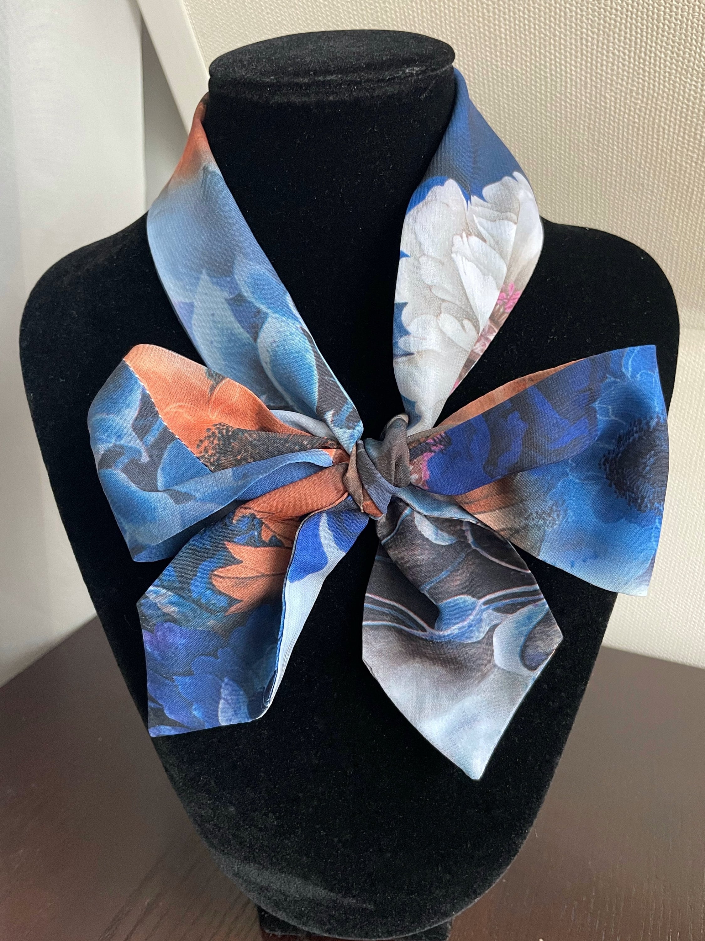 Blue & Burnt Orange Floral Handmade Upcycled Silk Skinny  display picture 3
