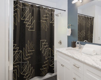 Geometric Triangle Black, Gold and White Shower Curtain