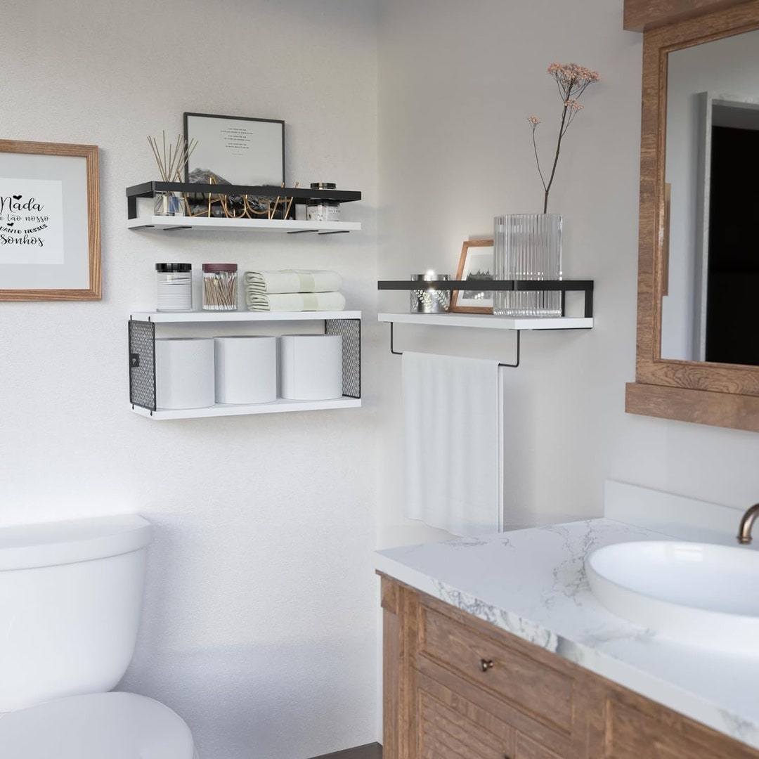 Set of 3 Wooden Bathroom Shelves With Basket Bathroom Organizer Wall Shelves Floating Shelves ...