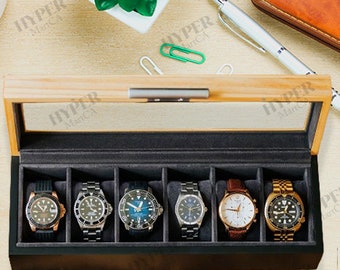 Boîtier de montre en bois à 6 emplacements avec plateau en verre | Organiseur de montres | Boîte de présentation pour montres | Armoire à montres | Porte-montre | Boîte à montres | Cadeaux de Noël