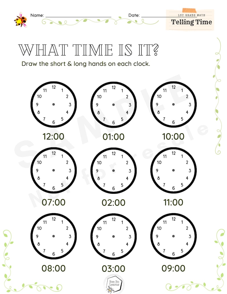 Clock Reading Worksheet for Kids Ages 6 7 8 9 10 1st Grade Math Telling
