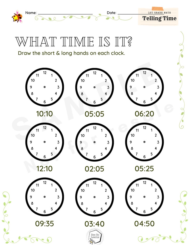 Clock Reading Worksheet for Kids Ages 6 7 8 9 10 1st Grade Math Telling