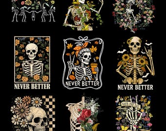 Blommigt skelett PNG-paket: Preppy Retro Halloween-designer (digital nedladdning)