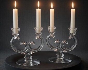 Vintage Fostoria Double Arm Candelabras – Clear Pressed Glass Scroll Candle Holders