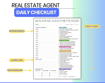 May include: A printable real estate agent daily planner checklist with sections for appointments, client log, track mileage, today's schedule, daily tasks, prospect tasks, appointment tasks, transaction tasks, and social media tasks. The planner includes a notes log and mileage log.