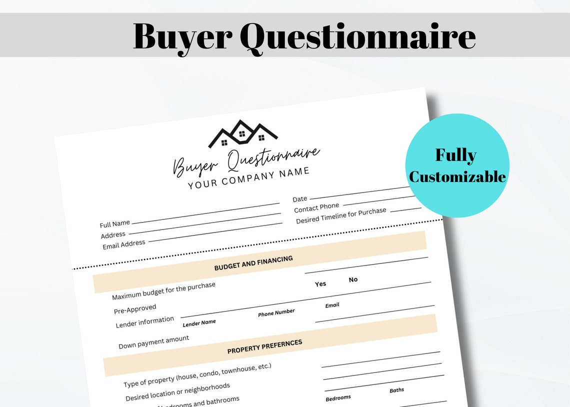 Buyer Questionnaire, Buyer Consultation Questionnaire, Buyer Intake