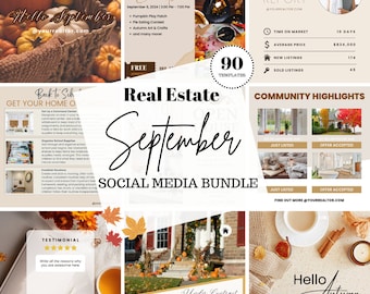 May include: A social media bundle for real estate agents featuring 90 templates for September. The bundle includes images with fall themes, such as pumpkins, leaves, and houses. The text "Real Estate September" is in large, bold letters. The text "Social Media Bundle" is in smaller letters below.