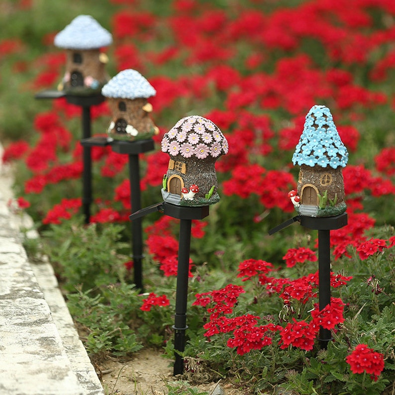 Solar Garden Stake Light Mushroom Fairy Cottage House Statue Etsy