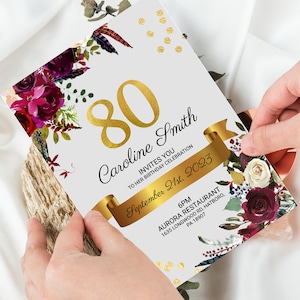 Editable 80th Birthday Invitation | Gold & Red Floral Design | Digital Download | Personalized Party Invite