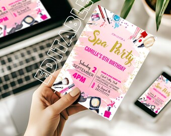 May include: A pink and gold Spa Party invitation with makeup illustrations. The invitation reads "Spa Party" and "Camilla's 8th Birthday". The date is September 2nd at 4 PM. The invitation includes RSVP information.
