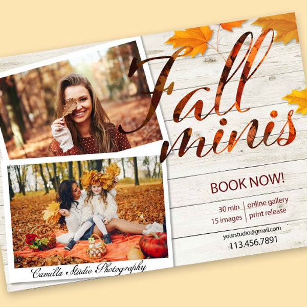 Fall mini session photographer template, social media editable promo board, autumn leaves photoshop marketing