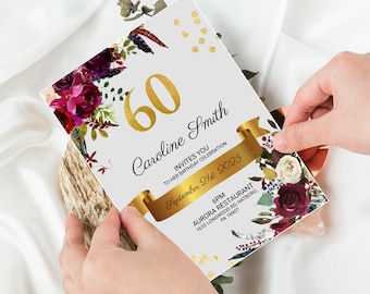 Editable 60th Birthday Invitation | Gold & Red Floral Design | Digital Download Party Invite