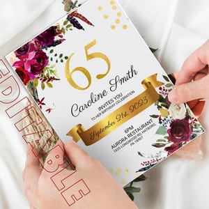 Editable 65th Birthday Invitation Template | Gold & Red Floral Design | Printable Digital Download