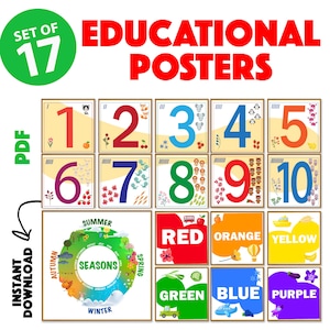 Pósters educativos imprimibles para niños / 17 coloridas decoraciones de pared para el hogar y el aula / Láminas Montessori para sala de juegos / Descarga instantánea