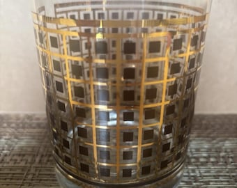 Vaso de whisky/rock vintage Georges Briard, chapado en oro de 22 quilates, cuadrados geométricos, firmado. ¡Muy bonito!