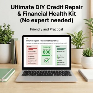 May include: A laptop displays a credit repair and financial health system kit. The screen shows before and after credit scores, with an excellent score of 800. Text on the screen includes "Ultimate DIY Credit Repair & Financial Health Kit."