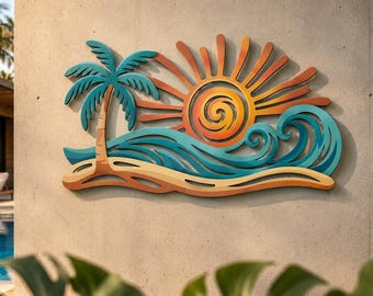 Decorazione murale in metallo con palma, onde dell'oceano e tramonto, ideale per arredare una casa sulla spiaggia.