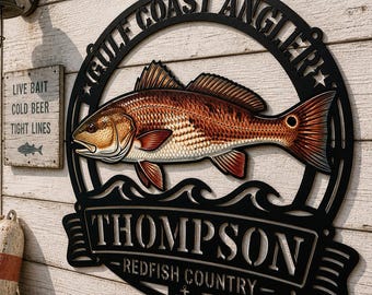 Personalized Redfish Metal Wall Art • Gulf Coast Angler Sign, Fisherman Decor
