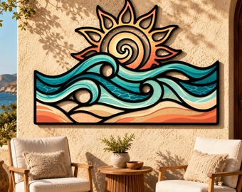 Decorazione murale in metallo con alba sull'oceano, onde colorate, arredamento per casa al mare, insegna per patio in stile costiero