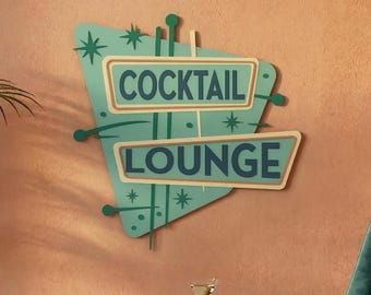 Insegna Retro Atomic Cocktail Lounge – Decorazione murale in metallo in stile metà secolo per bar