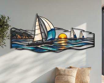 Golden Hour Sailboat Regatta Metal Wall Art, Coastal Maritime Sculpture Colorful