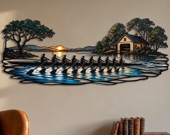 Rowing Boathouse Metal Wall Art, Waterside Crew Landscape Decor