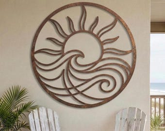 Decorazione murale in metallo Sun Wave • Decorazione per patio con tramonto costiero • Cartello da giardino in stile boho sulla spiaggia e sull'oceano
