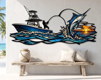 Blue Marlin Metal Wall Art, Sport Fishing Sculpture, Coastal Angler Decor