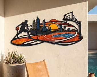 Urban Basketball Court Metal Wall Art, City Hoops Decor, Athletic Sports Decor